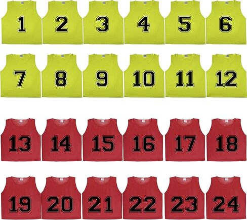Athllete DURAMESH Set of 24 Scrimmage Vest/Pinnies/Team Practice Jerseys with Free Carry Bag (1-12 Neon Yellow Numbered+13-24 Red Numbered). Suitable for Teen/Adult in Kuwait