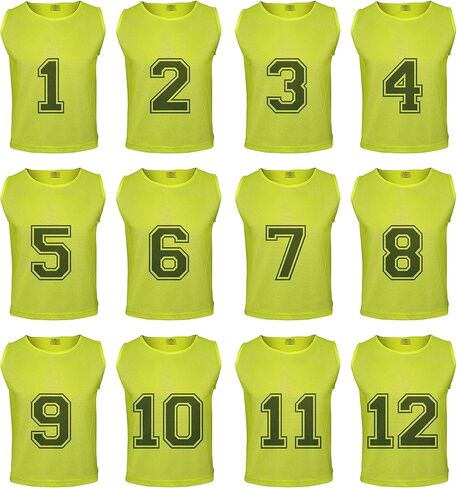 Athllete DURAMESH Set of 24 Scrimmage Vest/Pinnies/Team Practice Jerseys with Free Carry Bag (1-12 Neon Yellow Numbered+13-24 Red Numbered). Suitable for Teen/Adult in Kuwait