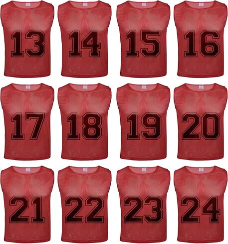 Athllete DURAMESH Set of 24 Scrimmage Vest/Pinnies/Team Practice Jerseys with Free Carry Bag (1-12 Neon Yellow Numbered+13-24 Red Numbered). Suitable for Teen/Adult in Kuwait