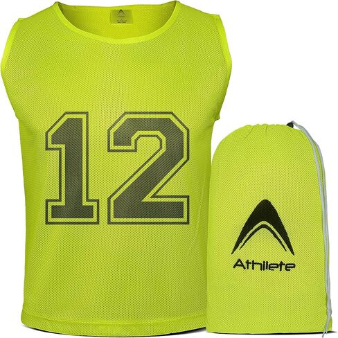 Athllete DURAMESH Set of 24 Scrimmage Vest/Pinnies/Team Practice Jerseys with Free Carry Bag (1-12 Neon Yellow Numbered+13-24 Red Numbered). Suitable for Teen/Adult in Kuwait