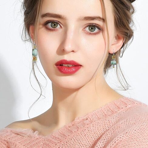 Green Handmade Boho Natural Gemstone Charm Earrings Gold Stone Bead Drop Dangle Earrings for Women in Saudi Arabia