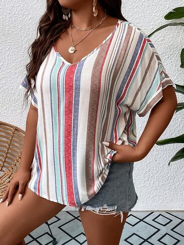 بلوزة صيفية نسائية من SOLY HUX بمقاس كبير ورقبة على شكل حرف V وأكمام قصيرة in Kuwait