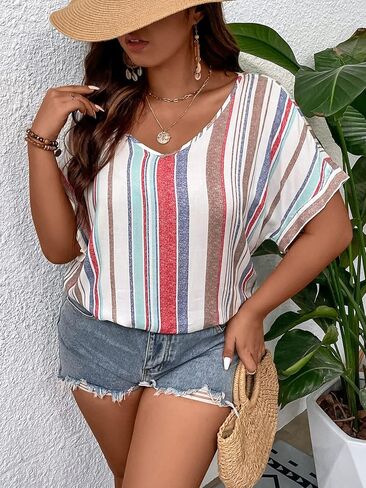 بلوزة صيفية نسائية من SOLY HUX بمقاس كبير ورقبة على شكل حرف V وأكمام قصيرة in Kuwait