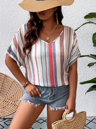 بلوزة صيفية نسائية من SOLY HUX بمقاس كبير ورقبة على شكل حرف V وأكمام قصيرة in Kuwait