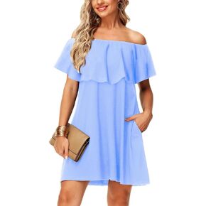Deerose Women Mardi Gras Off The Shoulder Dresses Flounce Cute Casual Dress with Pockets