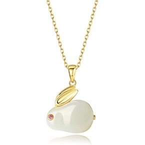 Rofeego Natural White Jade Rabbit/Bunny Pendant Necklace,S925 Sterling Silver Chain (Length Adjustable 15.7"+2.3")