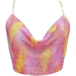 Women Sparkle Rhinestone Crop Tank Top Deep V Neck Body Chain Halter Cami Shirt for Club Party Rave