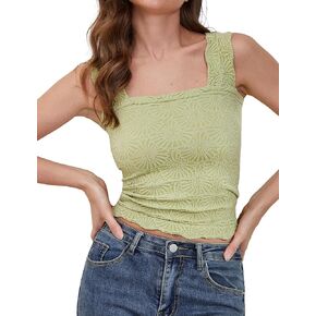OLAPTA Women’s Square Neck Wide Strap Flower Crop Tank Top Sleeveless Backless Lettuce Trim Solid Slim Fit Cropped Cami Vest