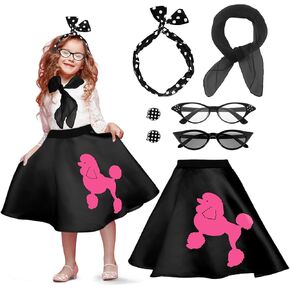 7 Pcs Kid's 50s Costume Girl Poodle Skirt Polka Dot Skirt 1950s Grease Accessories Outfit Scarf Glass Bandana Earring