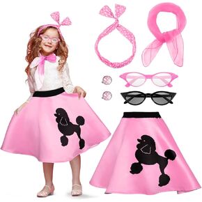 تولايت 7 قطعة أزياء الهالوين للأطفال 50s تنورة القلطي 1950s إكسسوارات الشحوم الزي وشاح باندانا زجاجية القرط in Kuwait