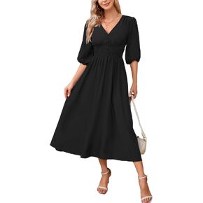 Kormei Women Casual Boho V Neck 3/4 Sleeve Smocked Waist A Line Flowy Swing Midi Dress Smocked Long Dress