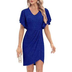 Meetjen Women's V Neck Ruched Cocktail Party Dress 2024 Elegant Bodycon Ruffle Sleeve Glitter Sheath Dresses