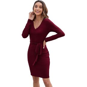 فستان نسائي من KOJOOIN برقبة على شكل حرف V وأكمام طويلة، فستان سترة مضلعة، فستان ضيق قصير in Kuwait