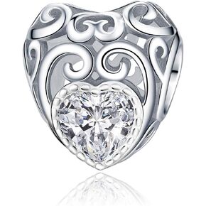 FOREVER QUEEN Birthstone Charms- Leaves Wave Heart Bead Charms- 925 Sterling Silver Platinum Plated Openwork Birthday Charm fit Charm Bracelet Necklace for Women, Daughter, Wife, Girlfriend, Mother