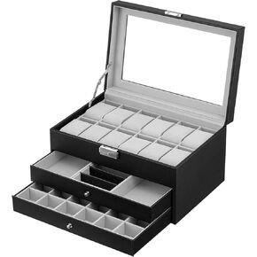 صندوق مجوهرات Oyydecor صندوق ساعة من جلد البولي يوريثان منظم تخزين خشبي للتخزين وعرض هدايا الأعمال للرجال والنساء (3 طبقات - بيج) in Kuwait