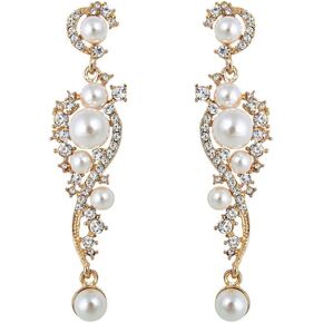 EVER FAITH Women's Austrian Crystal Cream Simulated Pearl Bridal Vine Dangle Earrings Clear in Saudi Arabia