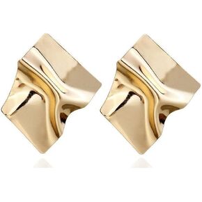 Statement Geometric Square Earrings for Women Girls,14K Gold Plated Large Fashion Texture Irregular Minimalism Earrings,Trendy Ripple Boho Drop Dangle Earrings,Metal Modern Rectangle Retro 80s Jewelry