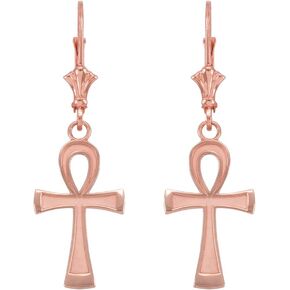14K Yellow, White, or Rose Gold Egyptian Ankh Cross Dangle Earrings for Women Girls - Choice of Metal