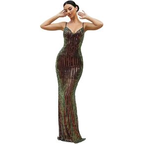 فستان نسائي رسمي طويل من Miss ord برقبة على شكل حرف V وأشرطة سباغيتي، فستان حفلات بدون أكمام مزين بالترتر الملون in Kuwait