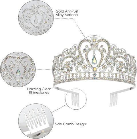 تيجان وتيجان كريستال فضي من Makone مع مشط للفتيات والنساء، إكسسوارات شعر الأميرة تاج الملكة وأعياد الميلاد وأعياد الميلاد وحفلات الهالوين وحفلات الزفاف وهدايا عيد الحب (نمط-6) in Kuwait