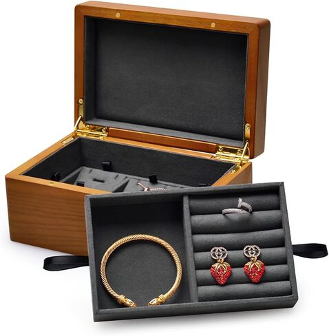 Woodten 2 طبقات خشب متين مجوهرات هدية صندوق مربع الخشب حلقة أقراط المعلقات صندوق تخزين منظم (رمادي) in Saudi Arabia