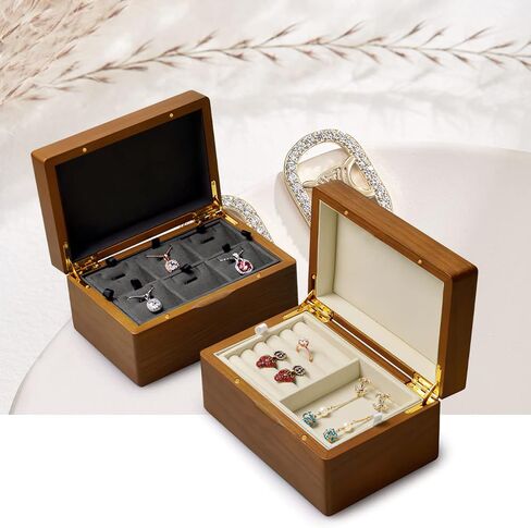 Woodten 2 طبقات خشب متين مجوهرات هدية صندوق مربع الخشب حلقة أقراط المعلقات صندوق تخزين منظم (رمادي) in Saudi Arabia