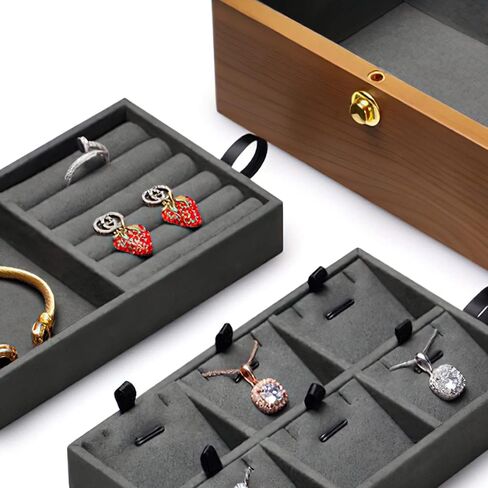 Woodten 2 طبقات خشب متين مجوهرات هدية صندوق مربع الخشب حلقة أقراط المعلقات صندوق تخزين منظم (رمادي) in Saudi Arabia