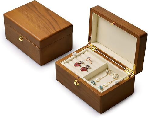 Woodten 2 طبقات خشب متين مجوهرات هدية صندوق مربع الخشب حلقة أقراط المعلقات صندوق تخزين منظم (رمادي) in Saudi Arabia