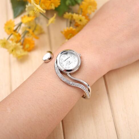 Top Plaza Women Casual Elegant Silver Tone Small Dial Bangle Cuff Bracelet Dress Analog Quartz Watch 6 Inches in Kuwait