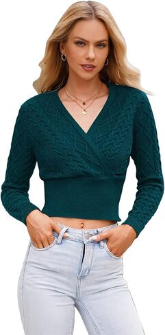 HUUSA Women's Sexy V Neck Wrap Sweater Long Sleeve Slim Fit Cable Cropped Knit Sweater Pullover Jumper Blouses Tops in Kuwait