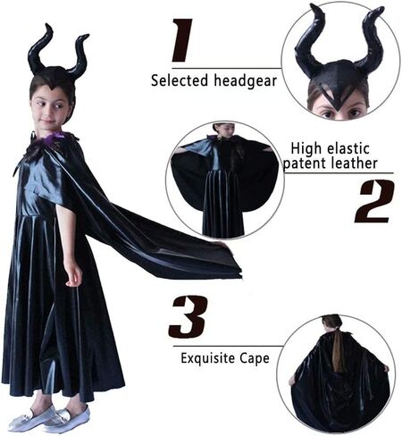 أزياء Nezababy Maleficent للأطفال، أزياء الملكة الشريرة للفتيات، فستان تنكري، عباءة القرن، ملابس حفلات الهالوين in Kuwait