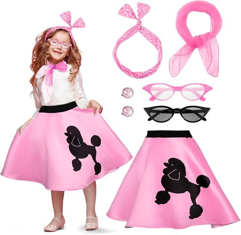 تولايت 7 قطعة أزياء الهالوين للأطفال 50s تنورة القلطي 1950s إكسسوارات الشحوم الزي وشاح باندانا زجاجية القرط in Kuwait