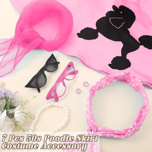 تولايت 7 قطعة أزياء الهالوين للأطفال 50s تنورة القلطي 1950s إكسسوارات الشحوم الزي وشاح باندانا زجاجية القرط in Kuwait