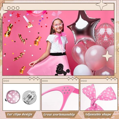 تولايت 7 قطعة أزياء الهالوين للأطفال 50s تنورة القلطي 1950s إكسسوارات الشحوم الزي وشاح باندانا زجاجية القرط in Kuwait