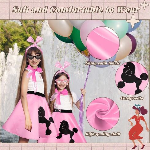 تولايت 7 قطعة أزياء الهالوين للأطفال 50s تنورة القلطي 1950s إكسسوارات الشحوم الزي وشاح باندانا زجاجية القرط in Kuwait