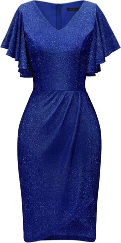 فستان حفلات الكوكتيل للسيدات من Meetjen برقبة على شكل V مكشكش 2023 فساتين عمل أنيقة بأكمام مكشكشة لامعة in Kuwait