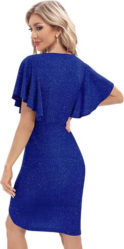 فستان حفلات الكوكتيل للسيدات من Meetjen برقبة على شكل V مكشكش 2023 فساتين عمل أنيقة بأكمام مكشكشة لامعة in Kuwait