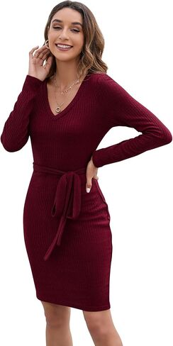 فستان نسائي من KOJOOIN برقبة على شكل حرف V وأكمام طويلة، فستان سترة مضلعة، فستان ضيق قصير in Kuwait