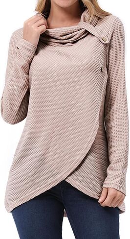 KILIG Womens 2023 Fall Cowl Neck Lightweight Sweaters Long Sleeve Button Tunic Tops Sweatshirts in Kuwait
