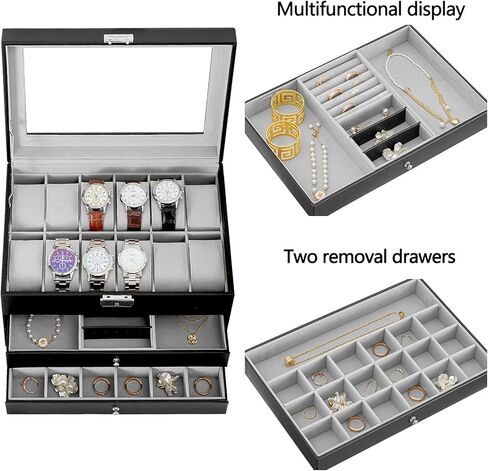 صندوق مجوهرات Oyydecor صندوق ساعة من جلد البولي يوريثان منظم تخزين خشبي للتخزين وعرض هدايا الأعمال للرجال والنساء (3 طبقات - بيج) in Kuwait