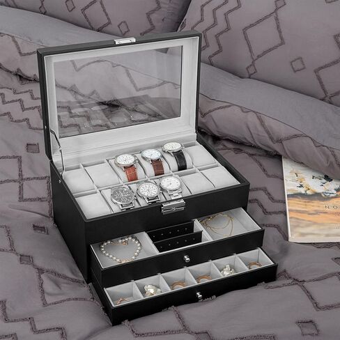 صندوق مجوهرات Oyydecor صندوق ساعة من جلد البولي يوريثان منظم تخزين خشبي للتخزين وعرض هدايا الأعمال للرجال والنساء (3 طبقات - بيج) in Kuwait