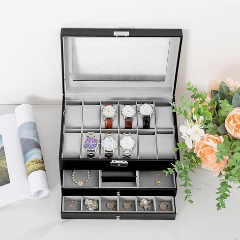 صندوق مجوهرات Oyydecor صندوق ساعة من جلد البولي يوريثان منظم تخزين خشبي للتخزين وعرض هدايا الأعمال للرجال والنساء (3 طبقات - بيج) in Kuwait