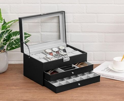 صندوق مجوهرات Oyydecor صندوق ساعة من جلد البولي يوريثان منظم تخزين خشبي للتخزين وعرض هدايا الأعمال للرجال والنساء (3 طبقات - بيج) in Kuwait