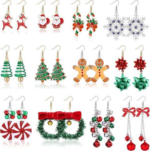 ZELORES 12 Pairs Christmas Dangle Earrings For Women Jingle Bell Snowflake Christmas Tree Earring Sets Xmas Holiday Christmas Jewelry Gifts(Set 1-12 Pairs) in Kuwait