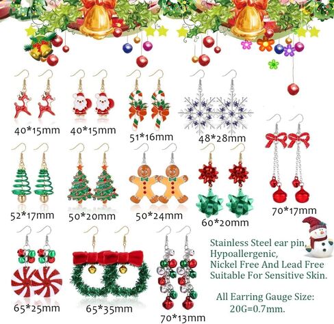 ZELORES 12 Pairs Christmas Dangle Earrings For Women Jingle Bell Snowflake Christmas Tree Earring Sets Xmas Holiday Christmas Jewelry Gifts(Set 1-12 Pairs) in Kuwait