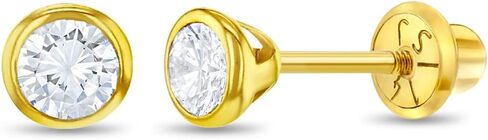 14k Yellow Gold Tiny 3-4mm Bezel Set Solitaire CZ Screw Back Earrings for Young Girls - Size Small Round Screw Backs for Babies, Infants & Toddlers in Saudi Arabia