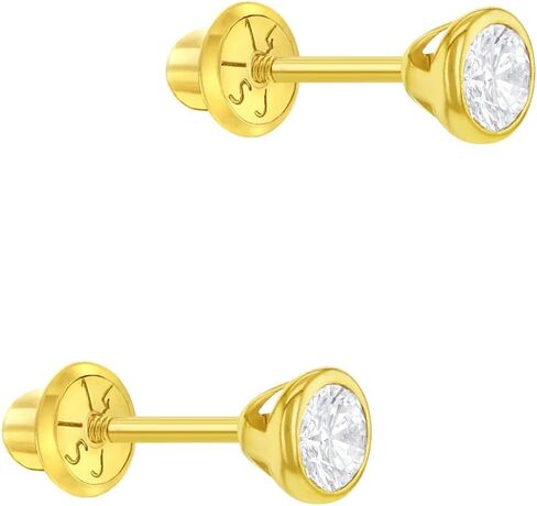 14k Yellow Gold Tiny 3-4mm Bezel Set Solitaire CZ Screw Back Earrings for Young Girls - Size Small Round Screw Backs for Babies, Infants & Toddlers in Saudi Arabia