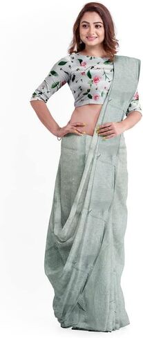 ساري من القطن والحرير مع بلوزة ساتان غير مخيطة بطباعة زهور من تشايا (اخضر باستيل)، اخضر باستيل، مقاس واحد in Kuwait