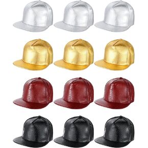 Xtinmee 12 Pcs PU Leather Hip Hop Hats Bulk Flat Brimmed Hat Funny Hat Adjustable Snapback Rock Cap Unisex Rapper Baseball Cap for Men Women Dancing Party Costume in Saudi Arabia