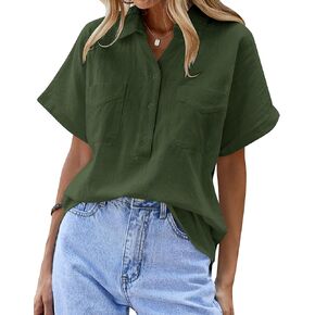 Chigant Women's Cotton Linen Blouses Short Sleeve Henley Shirts Button Down V Neck Casual Work Tops with Two Pockets